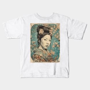 Vintage Rose Blossoms Japanese Woodblock Maple Streetwear Hipster Asian Inspired Retro Manga Samurai Amaranthus Kids T-Shirt